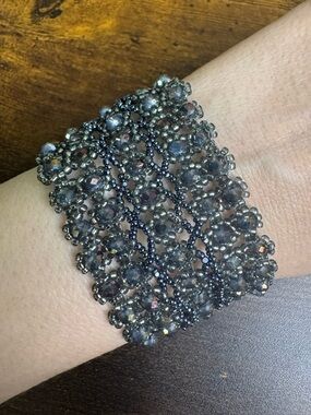 Hand Crafted Gunmetal Purple Crystal and Seed Bead Lace Bracelet